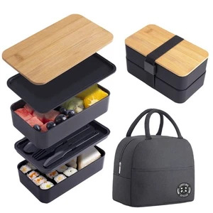 Japanese Bamboo Bento Box with Compartments and Utensils Stackable Lunch Box ... - Picture 1 of 6