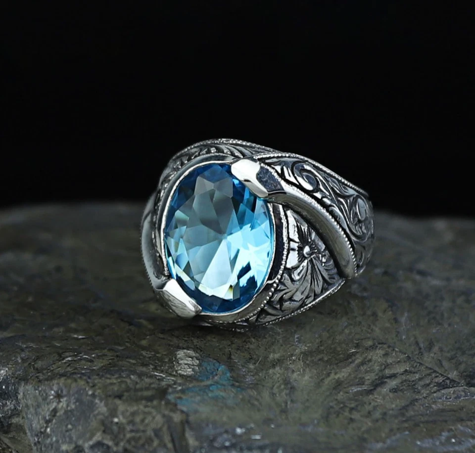 Anillo Aguamarina Grabado Piedra Aguamarina Plata, Anillo Aguamarina Azul Moderno Foto 1 de 4