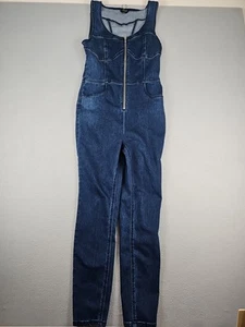 Bebe Women’s Size 6 Denim Sleeveless Stretch Jumpsuit Slim Skinny Zip Up Lace - Picture 1 of 8