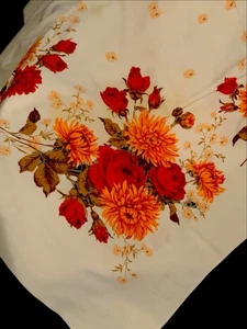 Vtg Fall Autumn Retro Kitchen Tablecloth Red Roses Orange Marigolds Cotton 52x48 - Picture 1 of 3
