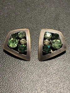 Vintage Green Rhinestones Clip On Earrings - Picture 1 of 8