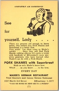 Vintage MILWAUKEE, Wisconsin Postcard MADER'S GERMAN RESTAURANT "PORK SHANKS" - Picture 1 of 2