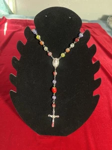 Colorful Rose Bead Catholic Rosary with Red Accents & Silver Crucifix - Picture 1 of 5