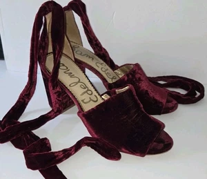 Sam Edelman weinrot rot Samt Knöchel zum Binden offene Zehenpartie klobige Absätze 9,5 40er 50er Look - Bild 1 von 10