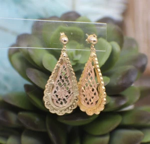 Solid 14K Yellow & Rose Pink Gold Dangle Earrings Filigree Post Cut Sparkly New - Picture 1 of 9