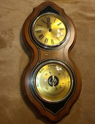 Vintage Bulova Quartz Clock /Barometer Wall Set Wood Case 22  Tall Works! • 33.99$