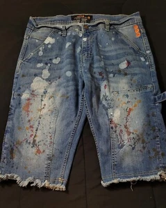 Men's Copper Rivet Blue Washed Denim Shorts Size 34 Splatter Design Preowned - Picture 1 of 7