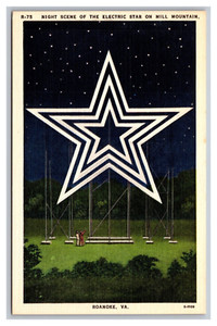 Roanoke VA Virginia Night Scene Electric Star on Hill Mountain Linen Postcard