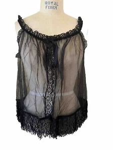 Sexy Vtg 80s Sheer Black Nylon Short Nightgown Nightie Babydoll Open Fringe Trim - Picture 1 of 9