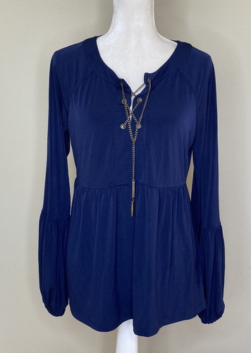 Top donna Michael Kors manica lunga a palloncino collo a catena taglia M blu J3
