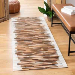 Handmade Flat Weave Stripe Premium Accent Carpets 100% Natural Leather - Picture 1 of 5
