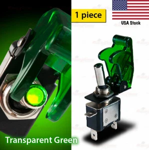 12V 20A SPST Toggle Switch ON/OFF GREEN LED TRANSPARENT Aircraft Spring Cover - Picture 1 of 7