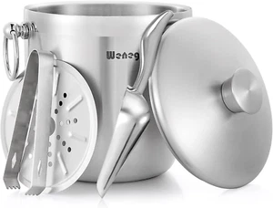 Ice Bucket with Lid, Scoop, Tongs & Strainer-Well Made Insulated Stainless Steel - Picture 1 of 12