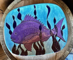 Art Pottery FISH Platter Footed Bowl Ceramic Pottery Purple Blue “Hoi 🌶️ Art” - Picture 1 of 7