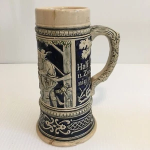 Antik Vintage Deutscher Bierkrug Keramik Jagd Männer Frau Pferd Hund Blau - Bild 1 von 12