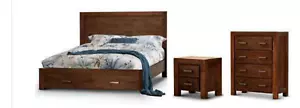 MITRE SOLID ACACIA TIMBER BEDROOM SUITE QUEEN BED 2 BEDSIDES & TALLBOY WALNUT - Picture 1 of 12