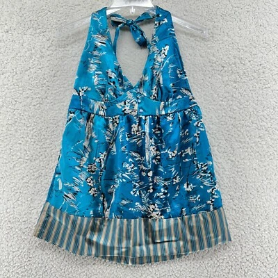 Mimi Chica M Silky Halter Top Blue Floral Striped Hem Y2K Open Back Nordstrom - Image 1 of 4