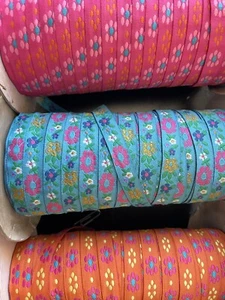 2 yards Jacquard ribbon fuchsia pink , orange Turquoise flower ribbon 1/2" - Picture 1 of 6