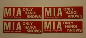 VINTAGE, MINI (1.00" x 3.75") Red BUMPER STICKERS: "MIA - ONLY HANOI KNOWS," New - Picture 1 of 3
