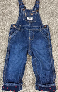 Oshkosh B'Gosh Denim Jean Overalls~Blue Fleece Lined w Red Hearts~12 Months - Picture 1 of 7