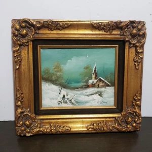 Dipinto olio su tela vintage dell'artista K. Elford chiesa inverno ornato gilda cornice - Foto 1 di 15
