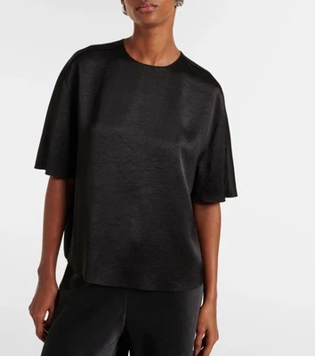 NUEVO CON ETIQUETAS $345 VINCE Lujo Negro Fluido Satén Camiseta Estilo Cuello Redondo Camisa Top Blusa XS Foto 1 de 4