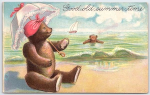 Vintage Bär Sommer Strand Szene Postkarte mit geprägtem Design - Bild 1 von 2