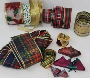 Posten 14 Vintage Weihnachten Stoffband kariert Blumen glitzernd verdrahtet ohne Bügel breit dünn - Bild 1 von 4
