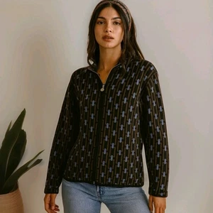 Neve Designs Cardigan Sweater Jacket 100% Wool Black Print Full Zip Womens Sz XL - Picture 1 of 10