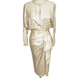 A.J. Bari Dress Women 6 Ivory Silk Damask Embellished Bow 80s Dynasty Formal VTG - Picture 1 of 11