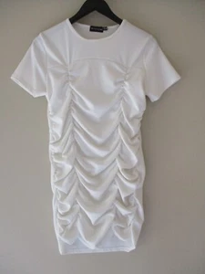 PRETTY LITTLE THING WOMENS WHITE RUCHED BODYCON RIBBED KNIT DRESS UK 14 US 10 - Picture 1 of 7