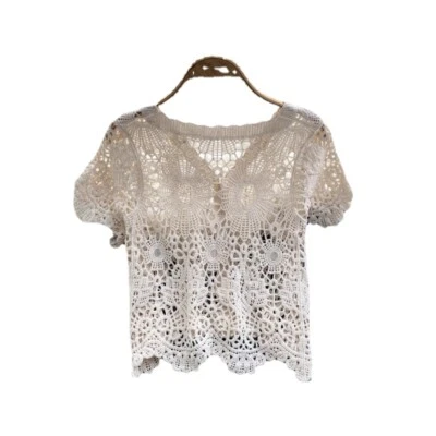 Women Knitted Floral Crochet Waistcoat Top Cardigan Crop Short Sleeve Ethnic - Image 1 of 4