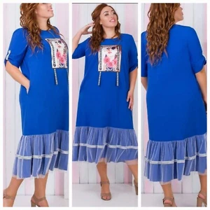 SUMMER BLUE FASHION DESIGNER WOMEN PLUS SIZE DRESS - Picture 1 of 6