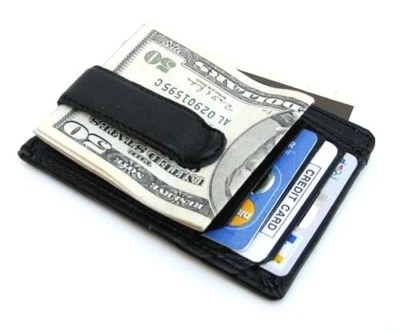 Black Genuine Leather Men's Money Clip ID Badge Flat Front Pocket Wallet  - Image 1 of 4
