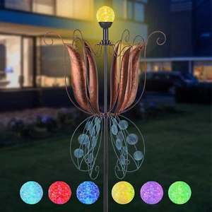 Wind Spinner Flower Solar Sculpture LED Changing Light Glass Ball Outdoor Decor - Picture 1 of 7