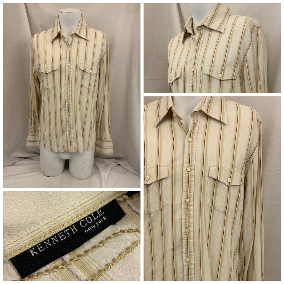 Camisa Kenneth Cole L Rayas Amarillas 100% Algodón Abotonada Manga Larga YGI V1-508 Foto 1 de 4