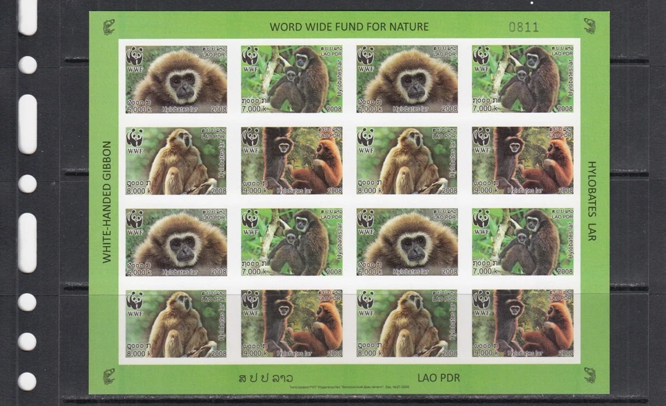 Monkeys WWF Wild Animals 2008 Laos MNH 4 v IMPERF Complete Set X 4 = 1 M/s RARE - Image 1 of 1