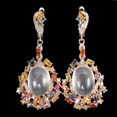 925 Sterling Silver Earrings Round Sapphire Rose Quartz 14x10mm Topaz Gemstone - Image 1 of 4