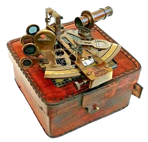 Sextante Mar Náutico Alemán Latón Trabajo Marino De Colección con Caja de Cuero - Imagen 1 de 4