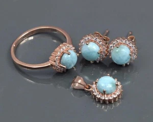 18K Oro Rosa Blu Larimar Rotondo Gemma 925 Argento Sterling Donna Gioielli Set - Foto 1 di 10