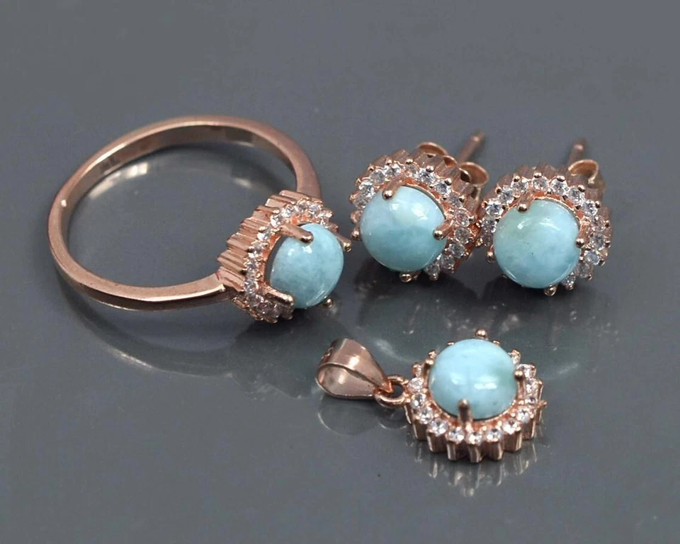 18K Oro Rosa Blu Larimar Rotondo Gemma 925 Argento Sterling Donna Gioielli Set - Immagine 1 di 4