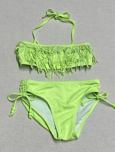 Justice Girls Swimsuit 2 Piece Bikini Bathing Suit Neon Green Bandeau Fringe 10 - Picture 1 of 10