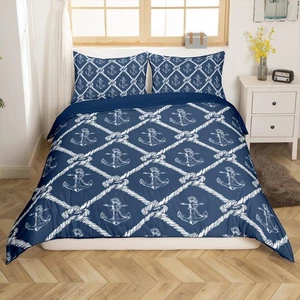 Nautical Anchor Duvet Cover Queen Size,Vintage Rope Diamond Polyester Reversi... - Picture 1 of 8