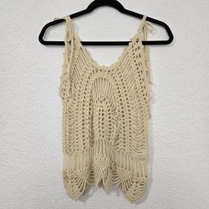 Cotton Candy Ivory Crochet Tank Top M/L Boho Macrame Tie Shoulder - Picture 1 of 8