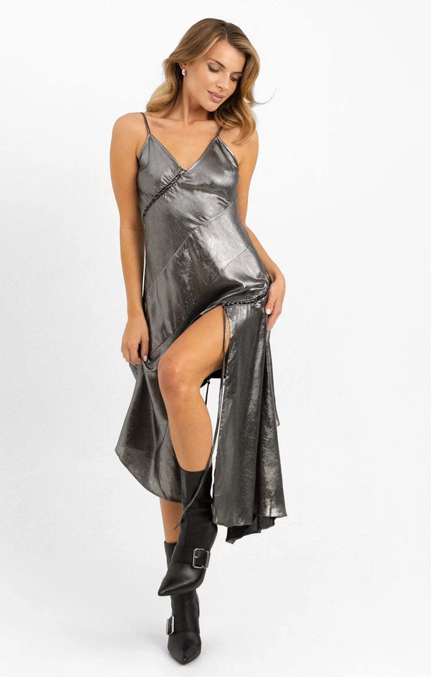 Vestido midi sin cordones asimétrico plateado Topshop para mujer con cuello en V PVP £56 Foto 1 de 4