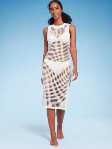 OFF WHITE Costume da bagno all'uncinetto Shade & Shore copricostume abito midi bianco sporco X Small