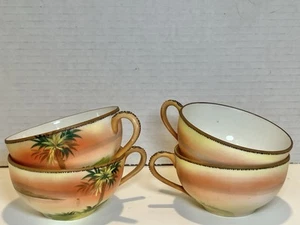 Set 4 tazzine da caffè vintage dipinte a mano NIPPON Giappone tramonto palma - Foto 1 di 14