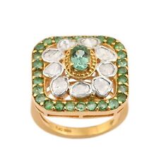 1.38 Ctw Polki Diamond Emerald Engagement Ring 925 Sterling Silver Gold Plated
