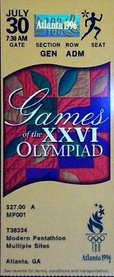 Modern Pentathlon Olympic Ticket Stub Atlanta 1996 Games GEN ADM 7/30/1996 - Image 1 of 2