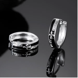 925 Sterling Silver Plated Black Enamel Huggie Earrings 16mm Women Men AF - Picture 1 of 5